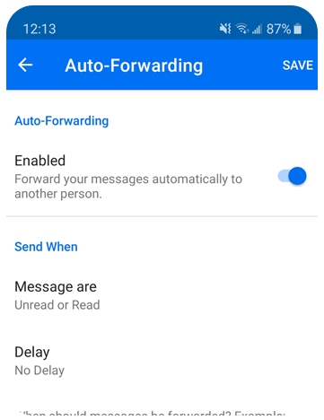Image of auto forwarding settings on mobile.