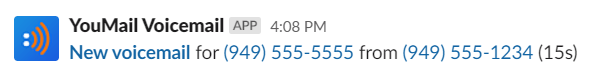 Screenshot of Slack Integration voicemail log