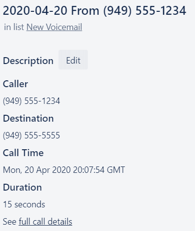 Screenshot of Trello Integration voicemail log
