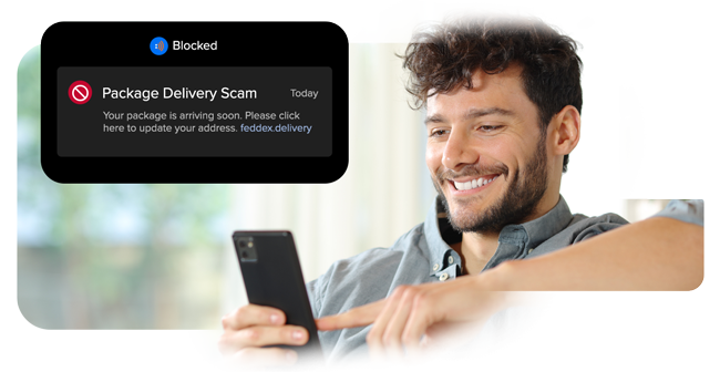 A man is smiling at his phone as a package delivery scam is blocked.