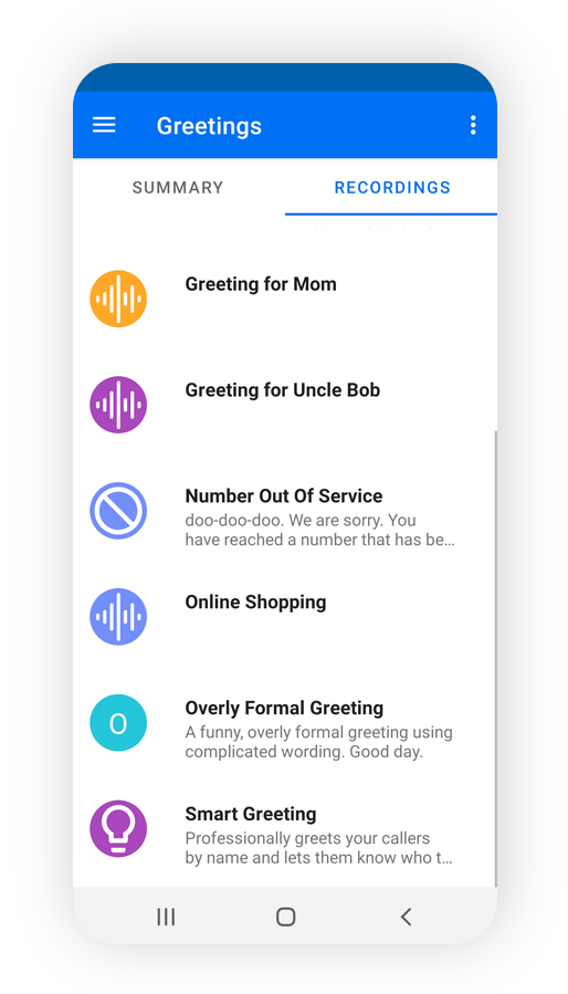 Voicemail greetings screen