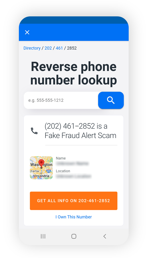 Reverse phone lookup screen